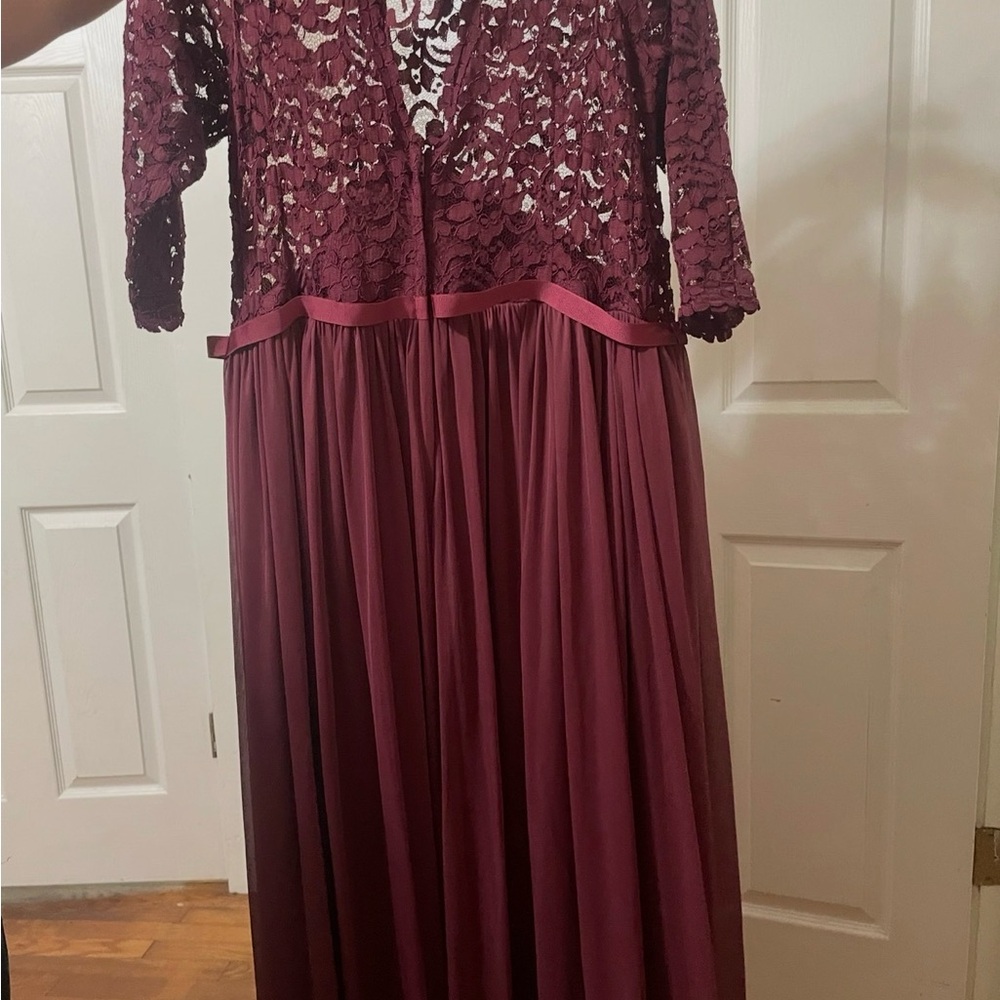 David's Bridal Deep Red Lace Gown